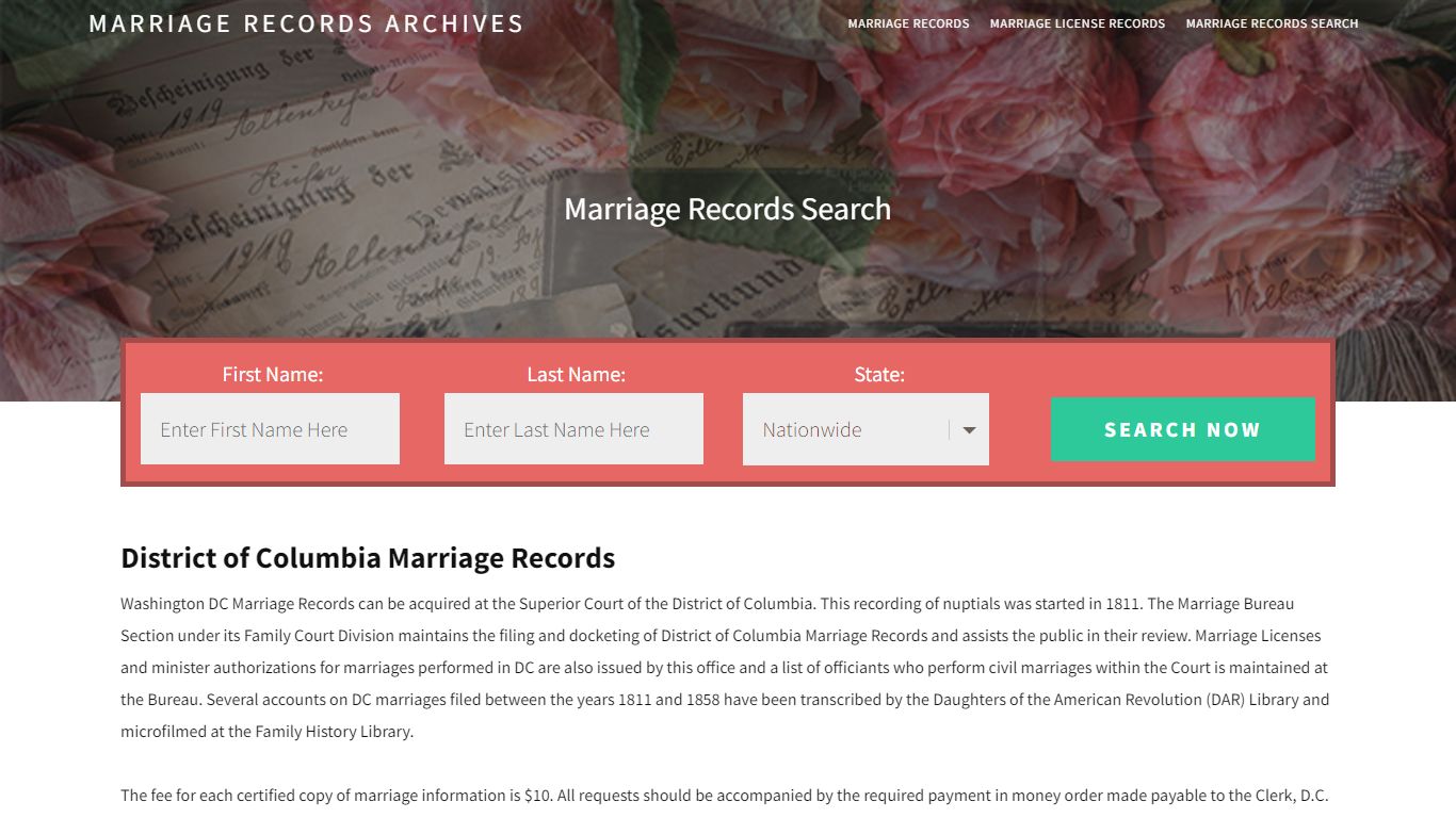 District of Columbia Marriage Records | Enter Name and Search